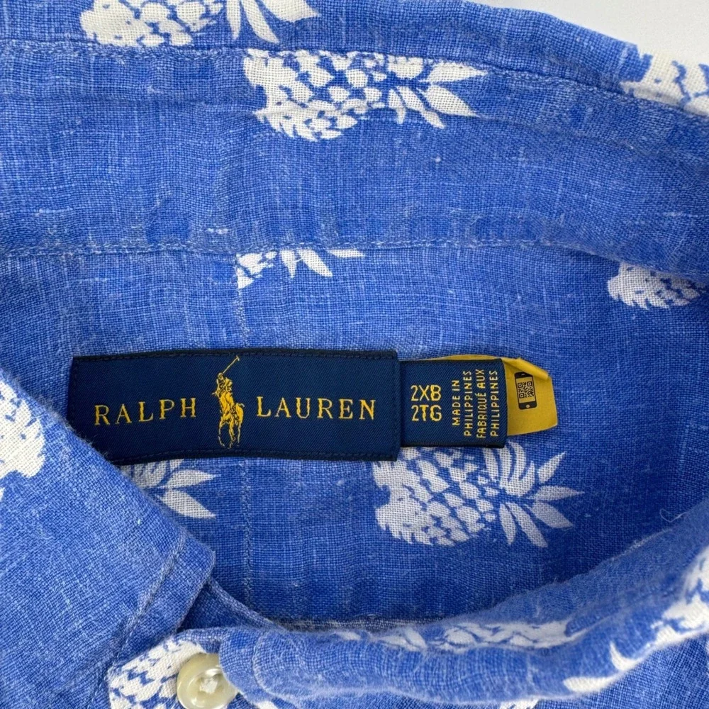 Polo Ralph Lauren Mens 2XB Blue Pineapple Print 100% Linen Short Sleeve Shirt